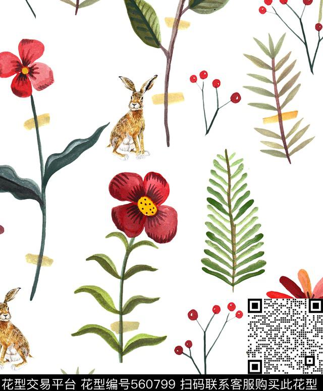 兔子花卉花园数码印花华亿平台下载（图片编号: 560799） - 瓦栏（Walan）