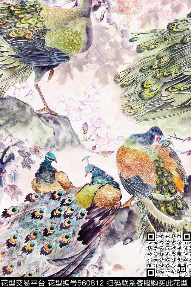复古肌理孔雀花卉中国风数码印花华亿平台下载（图片编号: 560812） - 瓦栏（Walan）