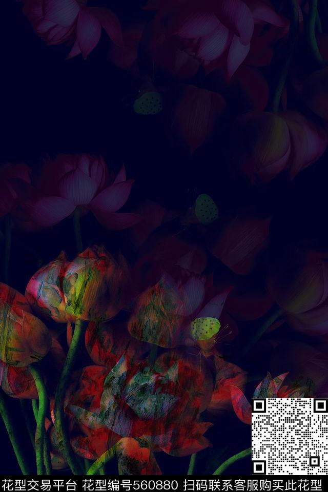 中国工笔画荷花墨迹面料数码印花华亿平台下载（图片编号: 560880） - 瓦栏（Walan）