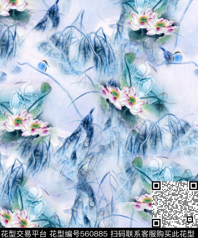 中国风水墨荷花鹤面料数码印花华亿平台下载（图片编号: 560885） - 瓦栏（Walan）