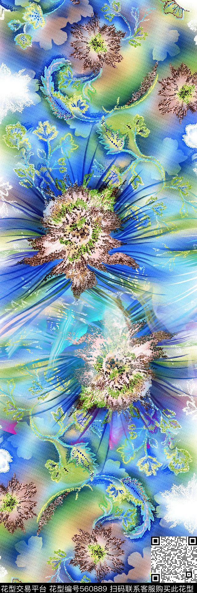 中国风写意抽象几何花卉长巾数码印花华亿平台下载（图片编号: 560889） - 瓦栏（Walan）