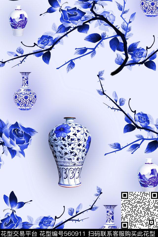 旗袍中国风青花数码印花华亿平台下载（图片编号: 560911） - 瓦栏（Walan）