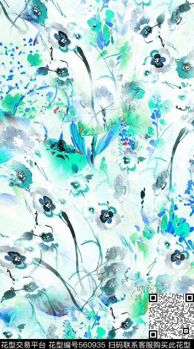 渐变数码印花服装时尚中国风水墨水彩花卉数码印花华亿平台下载（图片编号: 560935） - 瓦栏（Walan）