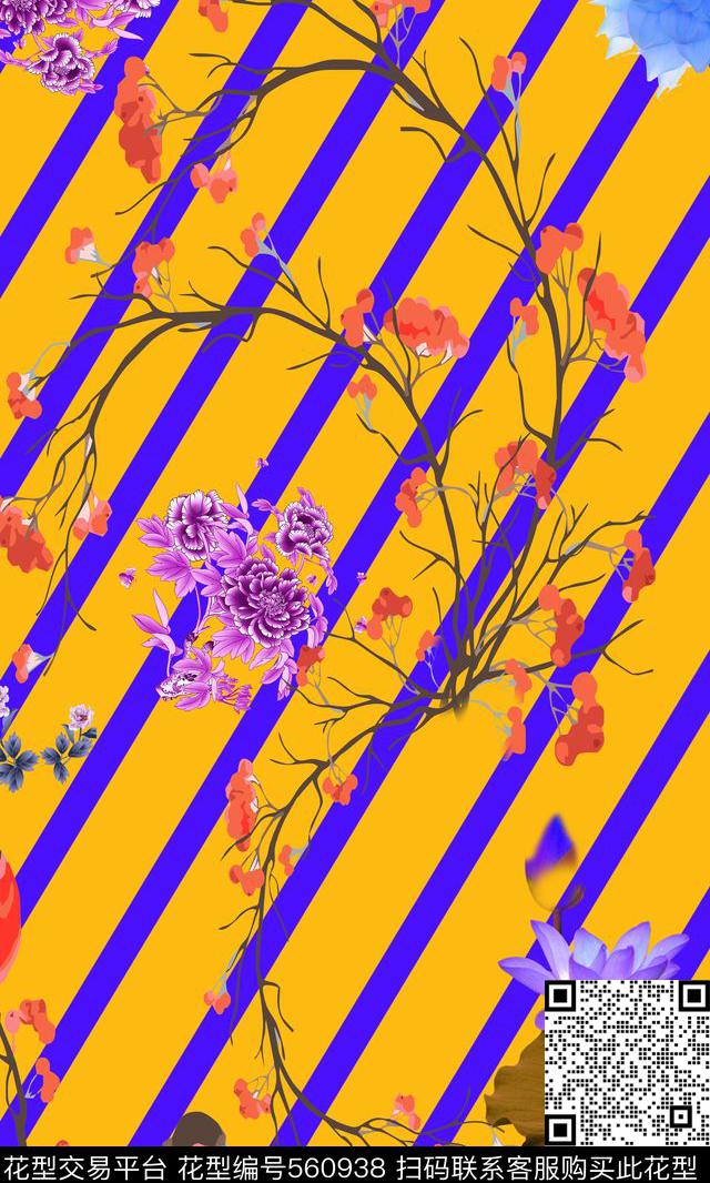 自然写意花鸟条纹传统印花华亿平台下载（图片编号: 560938） - 瓦栏（Walan）