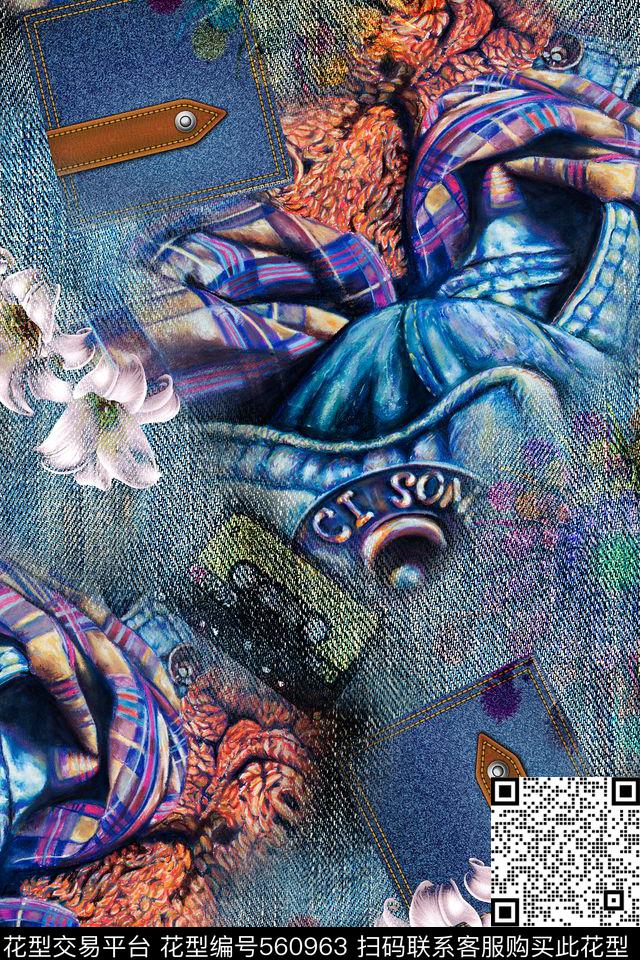 抽象牛仔布花卉数码印花华亿平台下载（图片编号: 560963） - 瓦栏（Walan）
