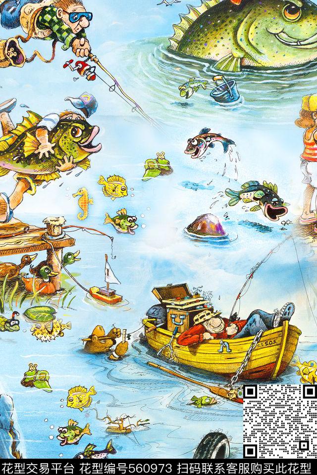 时尚卡通钓鱼人数码印花华亿平台下载（图片编号: 560973） - 瓦栏（Walan）