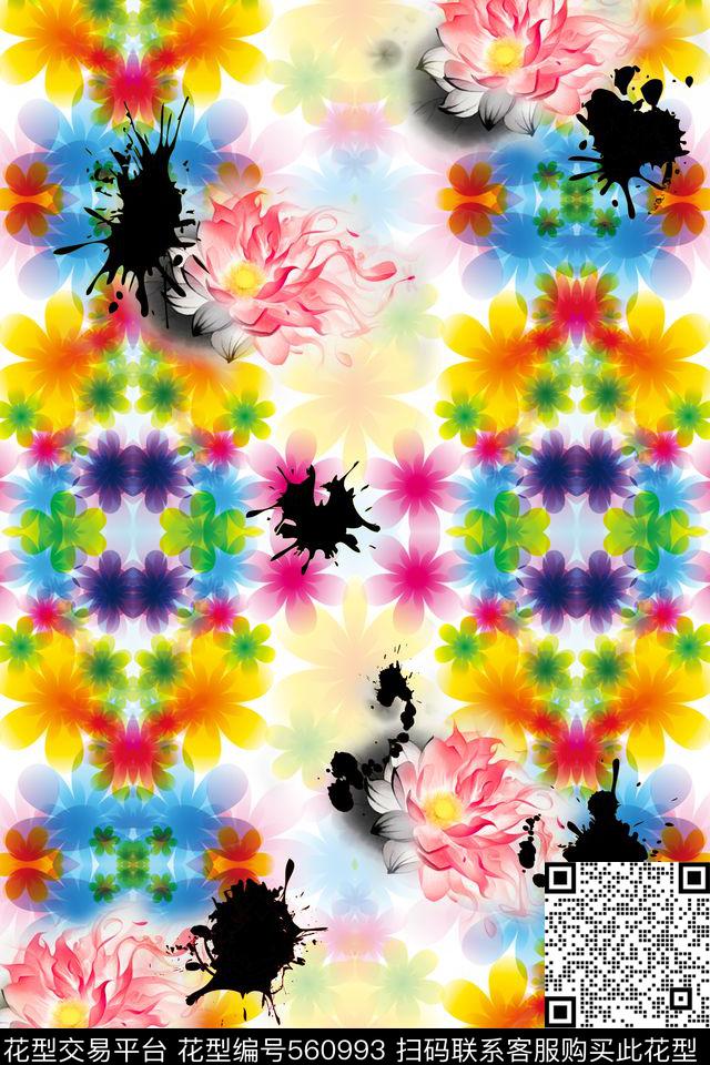 彩色荷花墨迹数码印花华亿平台下载（图片编号: 560993） - 瓦栏（Walan）
