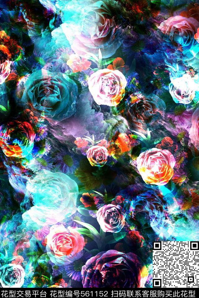 时尚流行花卉大花数码印花华亿平台下载（图片编号: 561152） - 瓦栏（Walan）