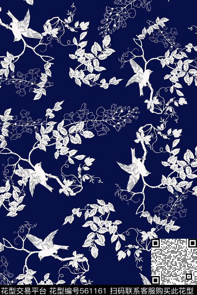 传统华亿平台单色花鸟树叶树枝传统印花华亿平台下载（图片编号: 561161） - 瓦栏（Walan）