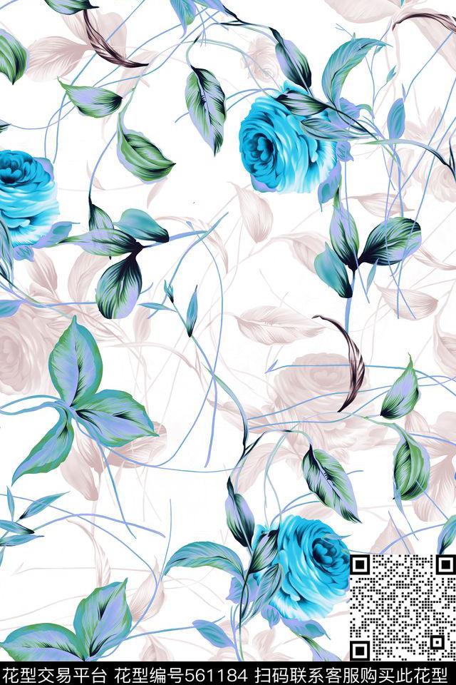 时尚简约清新花卉满版数码服装印花数码印花华亿平台下载（图片编号: 561184） - 瓦栏（Walan）
