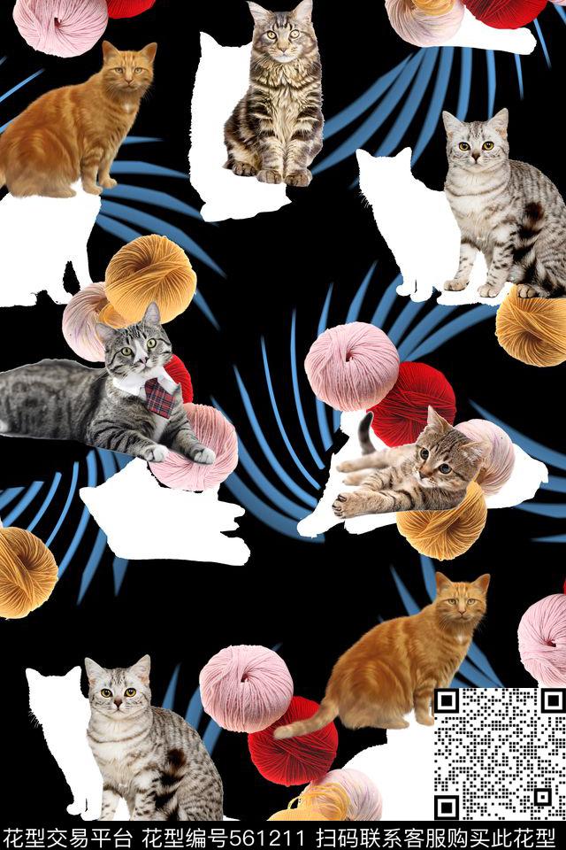 动物猫咪线团数码印花华亿平台下载（图片编号: 561211） - 瓦栏（Walan）