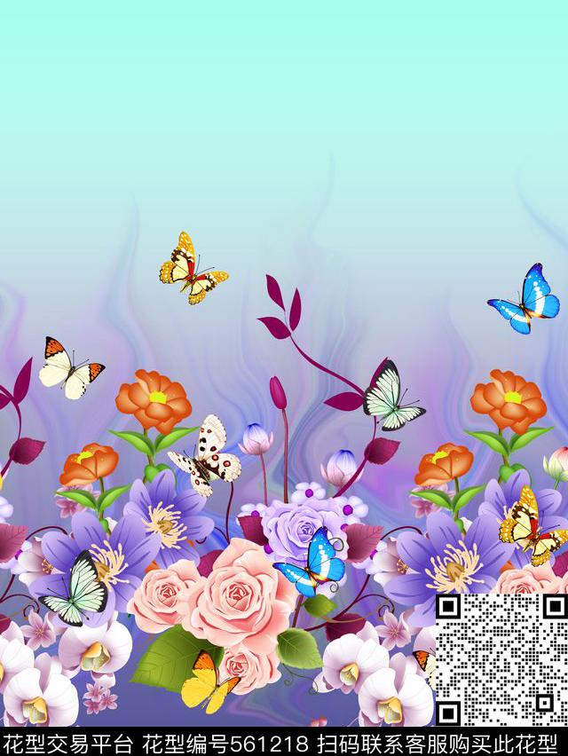 花卉蝴蝶定位数码印花华亿平台下载（图片编号: 561218） - 瓦栏（Walan）
