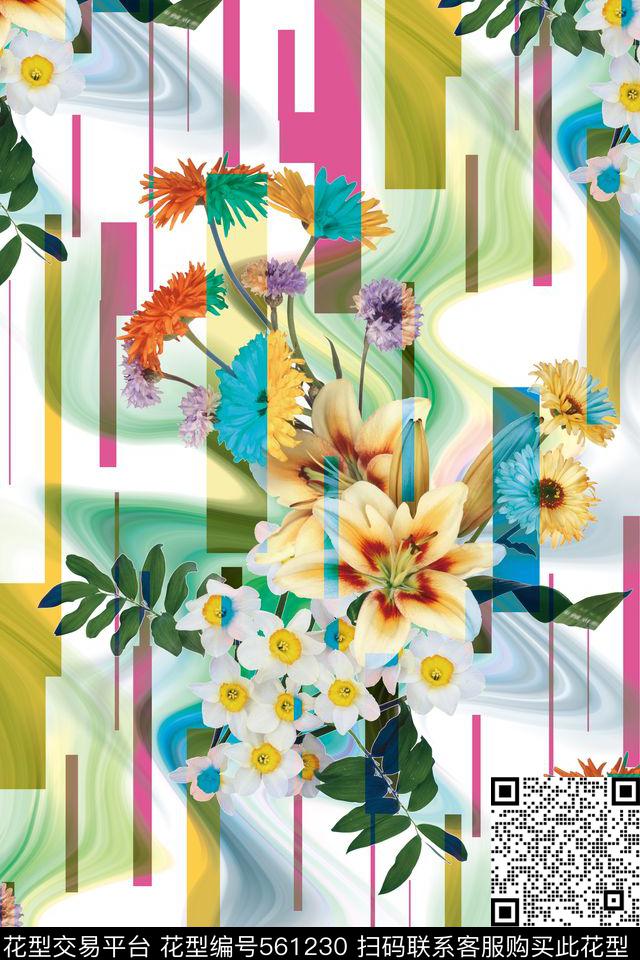 几何花卉水波纹数码印花华亿平台下载（图片编号: 561230） - 瓦栏（Walan）