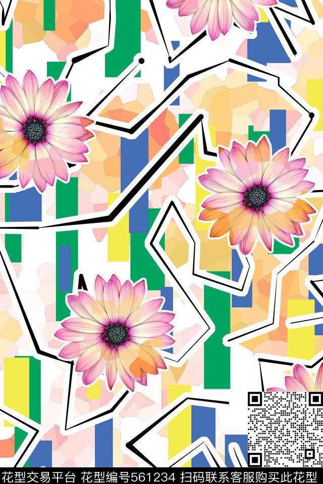 花卉几何色块数码印花华亿平台下载（图片编号: 561234） - 瓦栏（Walan）