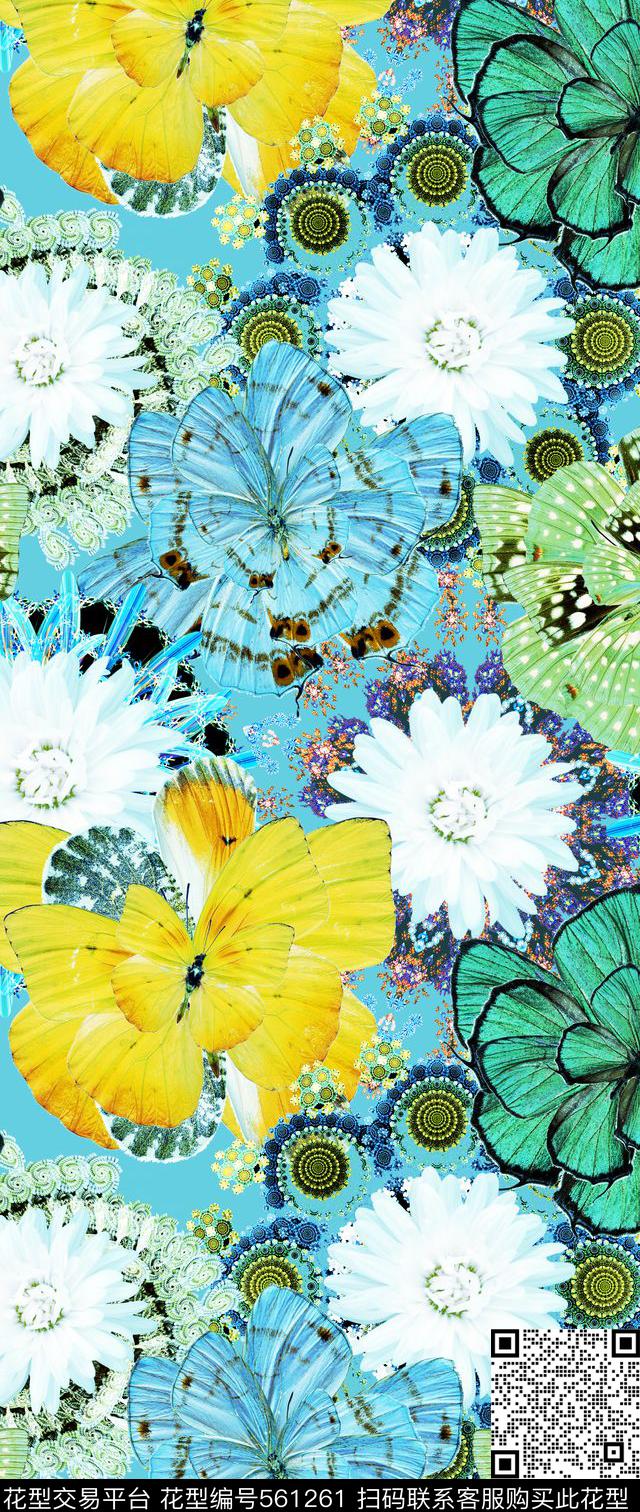 抽象风格手绘螺旋蝴蝶花卉欧美流行时尚数码印花华亿平台下载（图片编号: 561261） - 瓦栏（Walan）