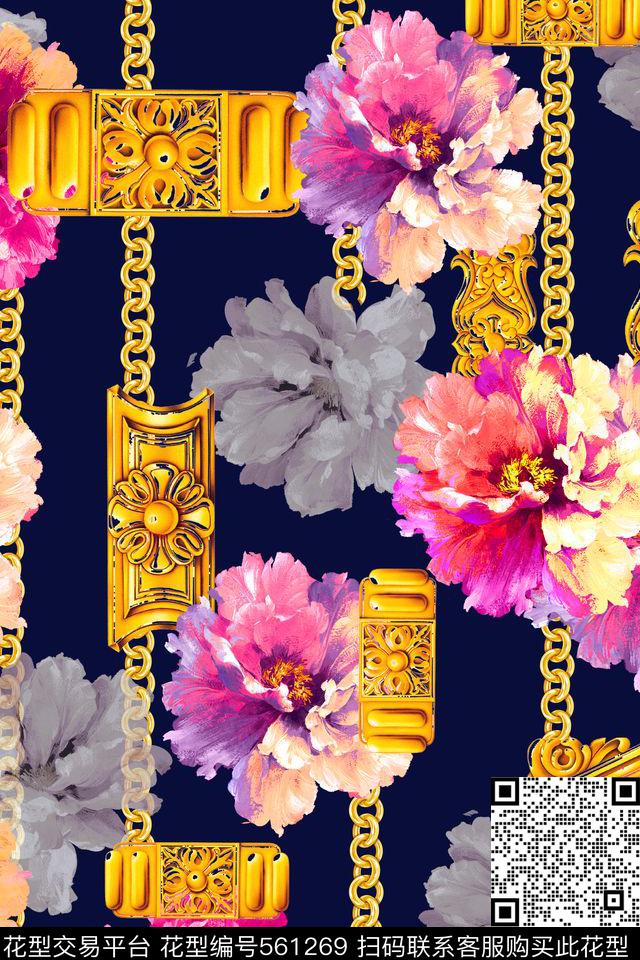 中国风水彩牡丹金色铁链传统欧式花边旗袍中式女装数码印花华亿平台下载（图片编号: 561269） - 瓦栏（Walan）