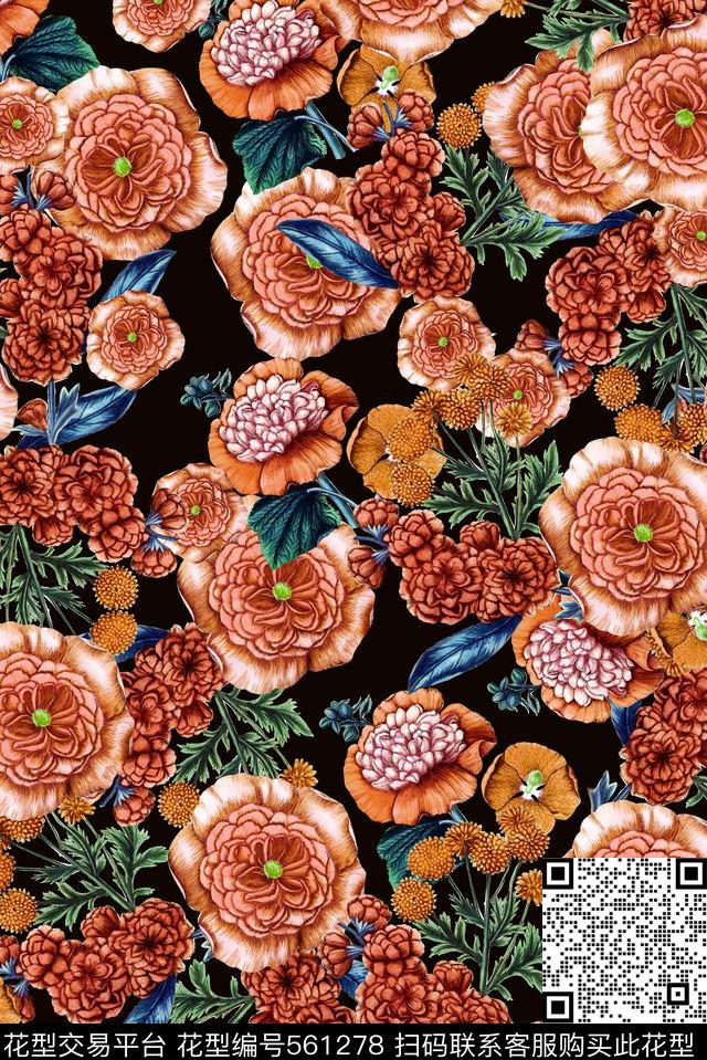 中国手绘风手绘花朵冷艳大气数码印花华亿平台下载（图片编号: 561278） - 瓦栏（Walan）