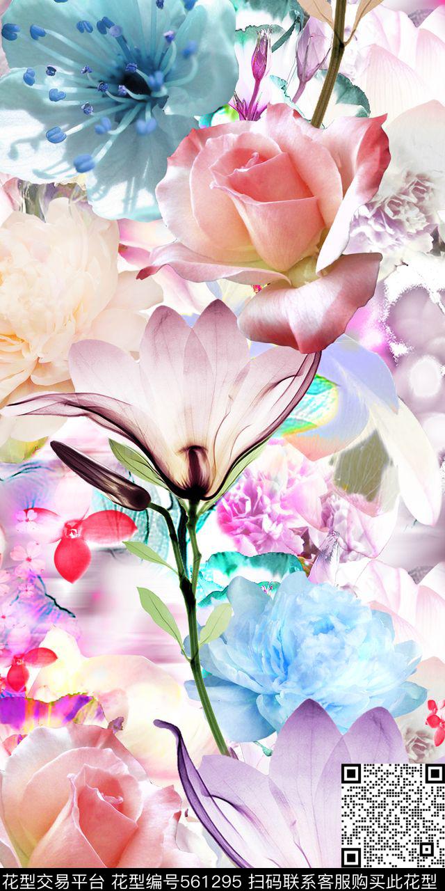 抽象欧美流行时尚手绘幻彩动感底纹花卉数码印花华亿平台下载（图片编号: 561295） - 瓦栏（Walan）