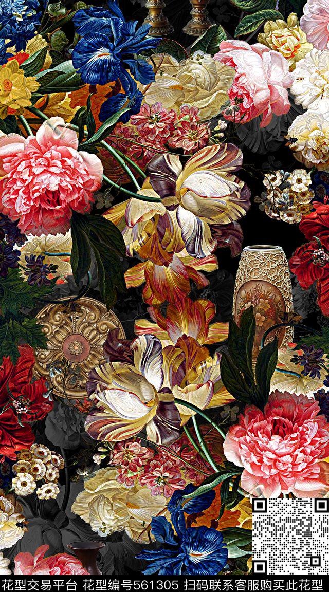 欧式复古数码印花服装油画花卉瓷器数码印花华亿平台下载（图片编号: 561305） - 瓦栏（Walan）