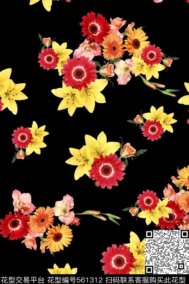 现代花卉写实花朵组合深色底数码印花华亿平台下载（图片编号: 561312） - 瓦栏（Walan）