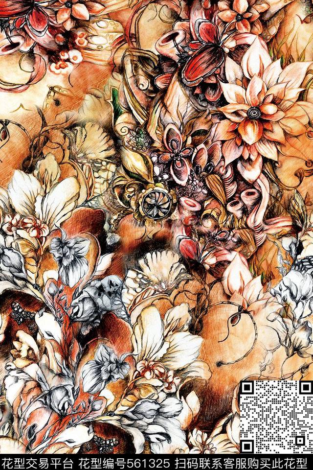 复古线描花卉水彩数码印花华亿平台下载（图片编号: 561325） - 瓦栏（Walan）