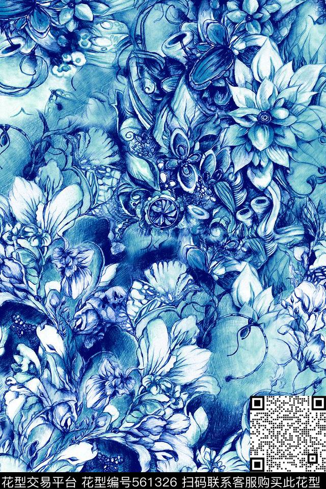 服装复古水彩数码印花华亿平台下载（图片编号: 561326） - 瓦栏（Walan）