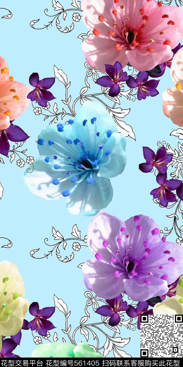 欧美流行时尚手绘几何黑白线条多色桃花休闲风数码印花华亿平台下载（图片编号: 561405） - 瓦栏（Walan）