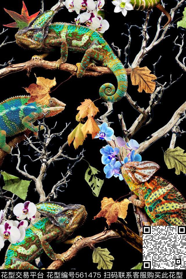 时尚蜥蜴花卉数码印花华亿平台下载（图片编号: 561475） - 瓦栏（Walan）