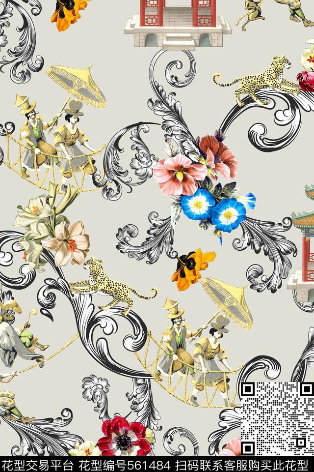 时尚卷草花卉数码印花华亿平台下载（图片编号: 561484） - 瓦栏（Walan）