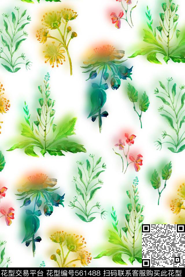 田园风水彩画花卉数码印花华亿平台下载（图片编号: 561488） - 瓦栏（Walan）