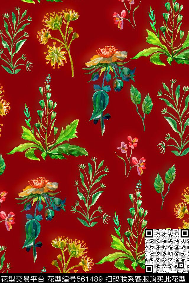 田园风水彩画花卉数码印花华亿平台下载（图片编号: 561489） - 瓦栏（Walan）