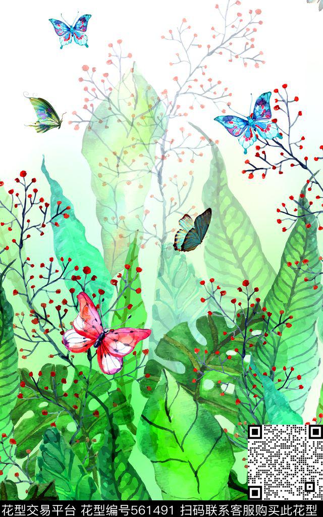 热带风情热带植物蝴蝶数码印花华亿平台下载（图片编号: 561491） - 瓦栏（Walan）