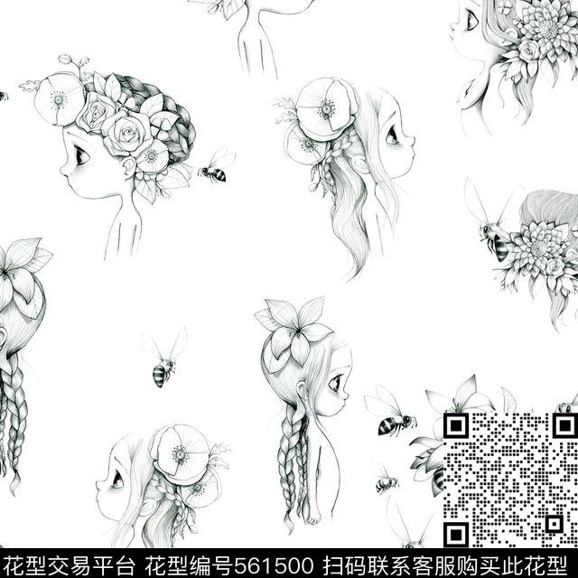 小女孩时尚黑白传统印花华亿平台下载（图片编号: 561500） - 瓦栏（Walan）