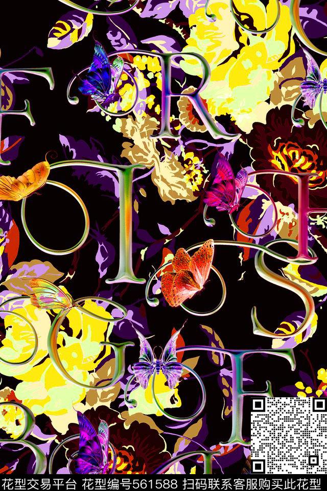 花卉文字数码印花华亿平台下载（图片编号: 561588） - 瓦栏（Walan）