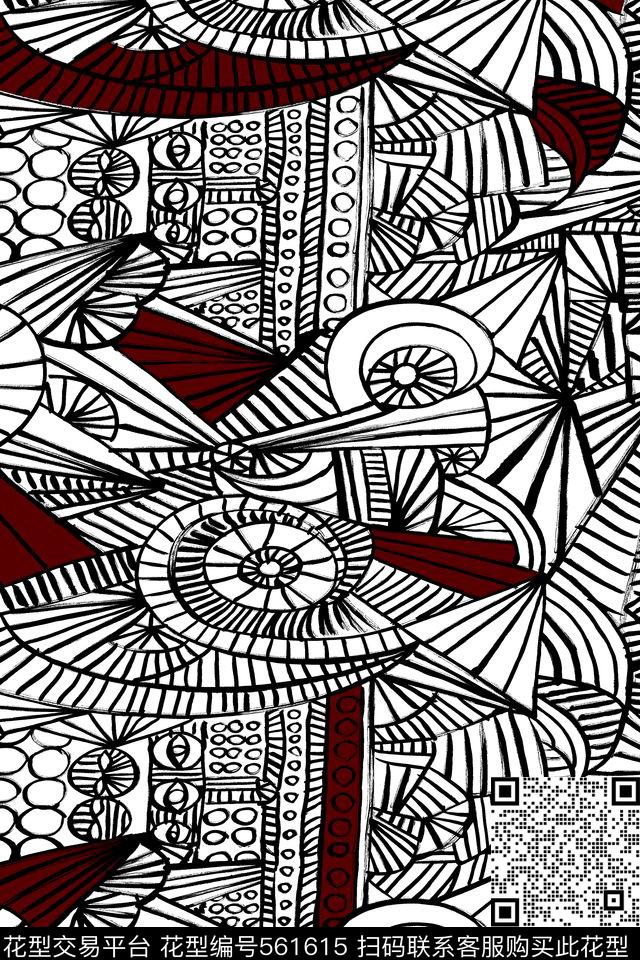 服装面料华亿平台手绘红黑抽象几何休闲时尚抽象复古几何传统印花华亿平台下载（图片编号: 561615） - 瓦栏（Walan）