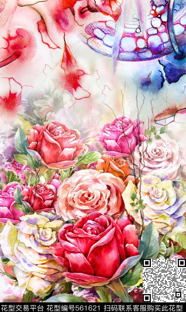 定位花卉手绘大花多彩花卉数码印花华亿平台下载（图片编号: 561621） - 瓦栏（Walan）