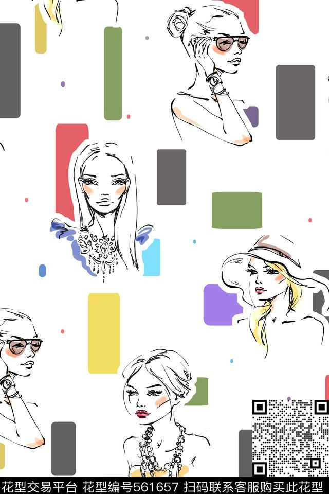 简笔画美女色块传统印花华亿平台下载（图片编号: 561657） - 瓦栏（Walan）