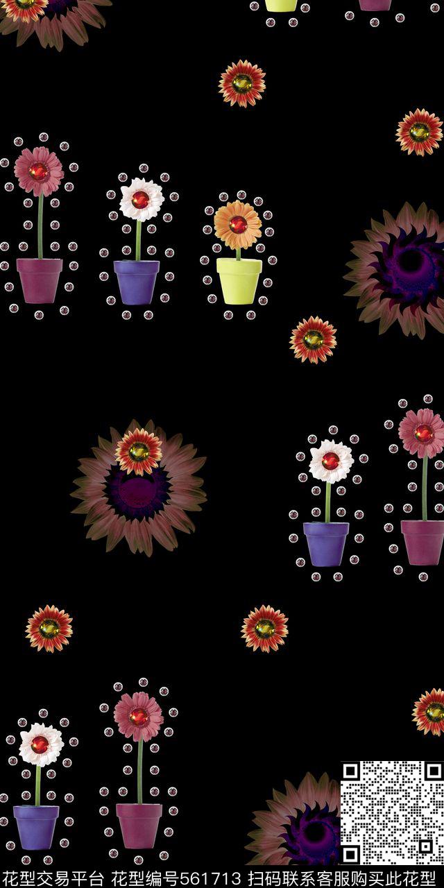 黑底花卉宝石数码印花华亿平台下载（图片编号: 561713） - 瓦栏（Walan）