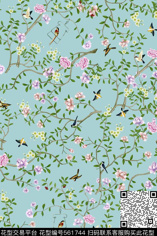 田园风碎花鸟清新自然女装数码印花华亿平台下载（图片编号: 561744） - 瓦栏（Walan）