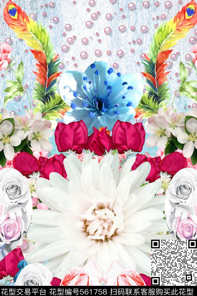 欧美流行时尚手绘花卉定位田园风数码印花华亿平台下载（图片编号: 561758） - 瓦栏（Walan）