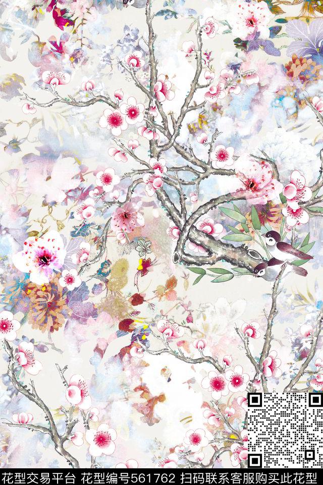 MAX-中国风流行时尚手绘水墨幻彩底纹喜上眉梢国画花卉数码印花华亿平台下载（图片编号: 561762） - 瓦栏（Walan）