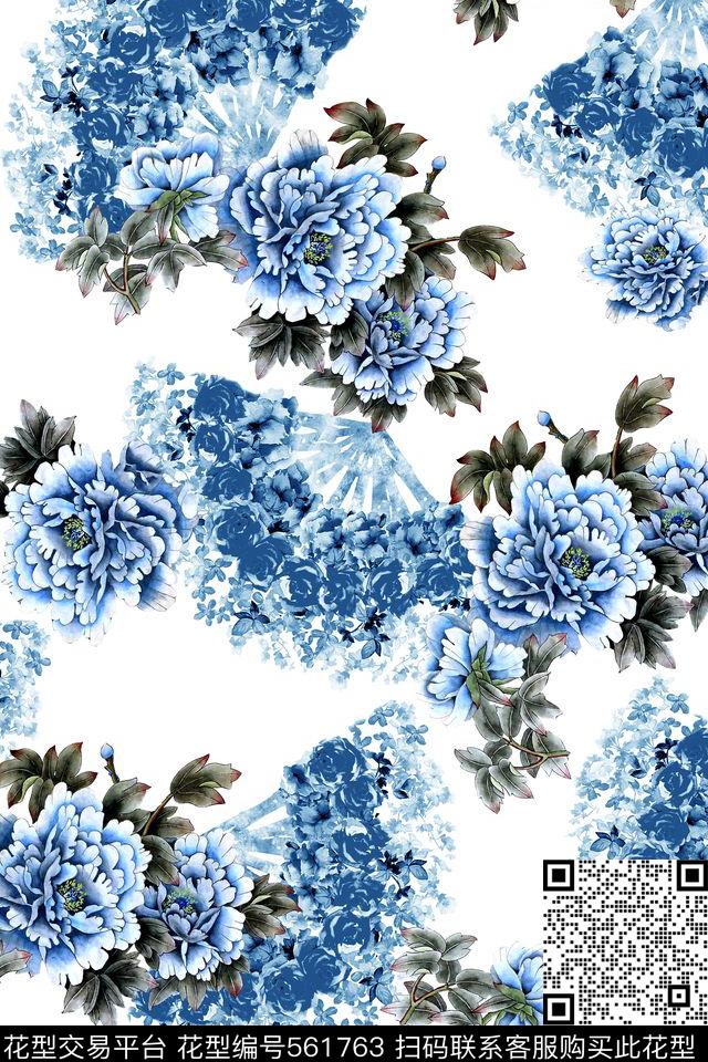 素雅花卉牡丹扇子湛蓝青花数码印花华亿平台下载（图片编号: 561763） - 瓦栏（Walan）