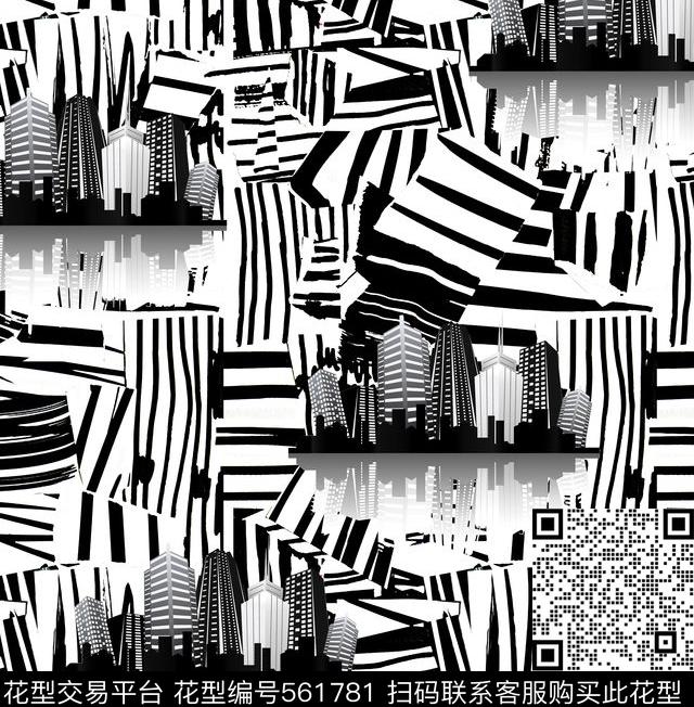 黑白几何城市科技四方连续数码印花华亿平台下载（图片编号: 561781） - 瓦栏（Walan）