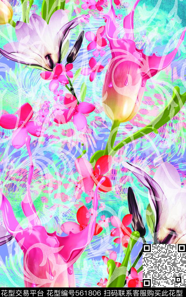 流行时尚手绘幻彩底纹泼墨玫瑰欧美休闲风数码印花华亿平台下载（图片编号: 561806） - 瓦栏（Walan）