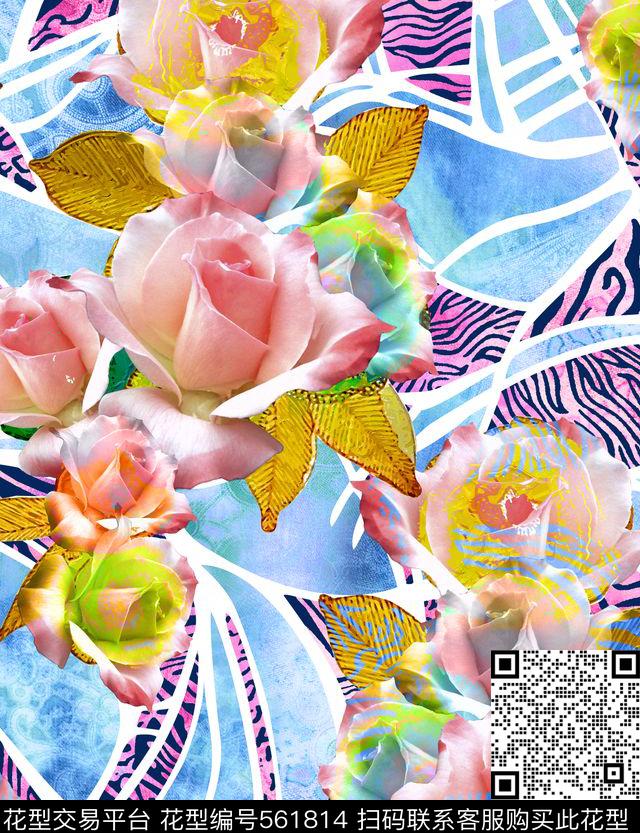 动物纹几何斑马纹玫瑰花休闲时尚数码印花华亿平台下载（图片编号: 561814） - 瓦栏（Walan）