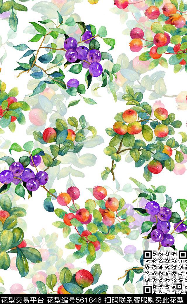 原创手绘樱桃水彩花果数码印花华亿平台下载（图片编号: 561846） - 瓦栏（Walan）