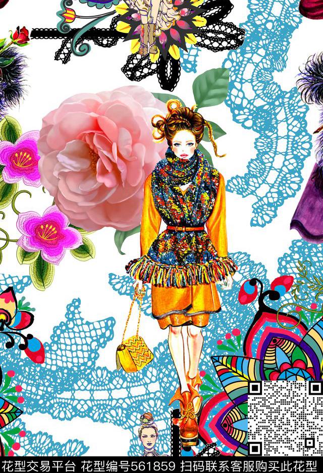 抽象时装女郎拼贴抽象蕾丝几何欧美流行时尚数码印花华亿平台下载（图片编号: 561859） - 瓦栏（Walan）