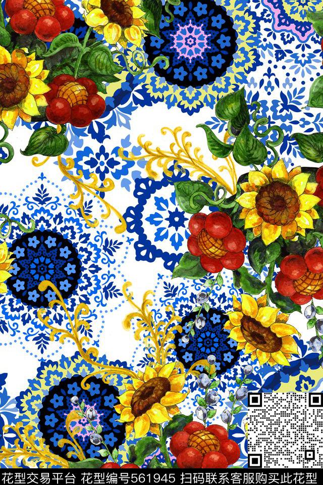 向日葵花卉民族数码印花华亿平台下载（图片编号: 561945） - 瓦栏（Walan）