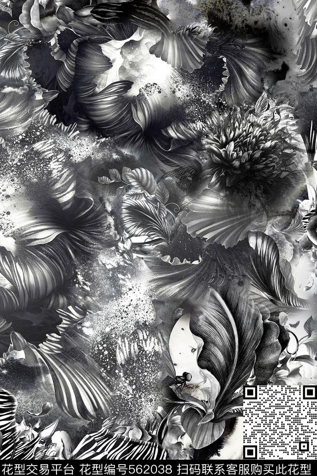 花卉潮流时尚大牌黑白素雅花卉数码印花华亿平台下载（图片编号: 562038） - 瓦栏（Walan）