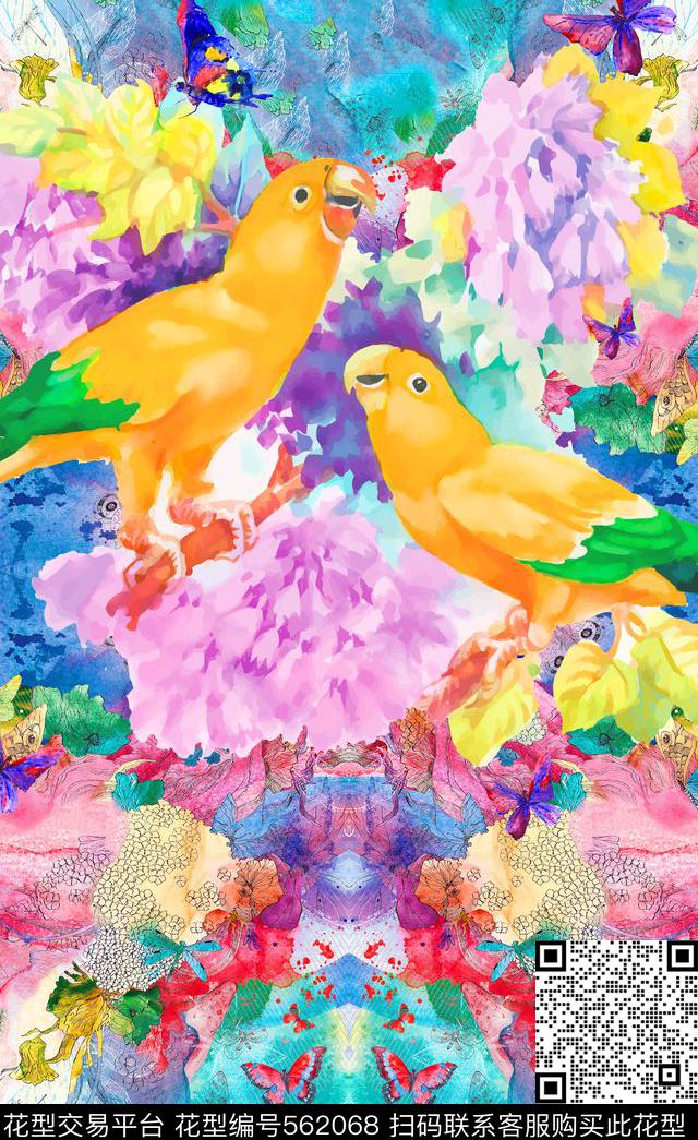 潮流时尚花卉时尚手绘花鸟数码印花华亿平台下载（图片编号: 562068） - 瓦栏（Walan）